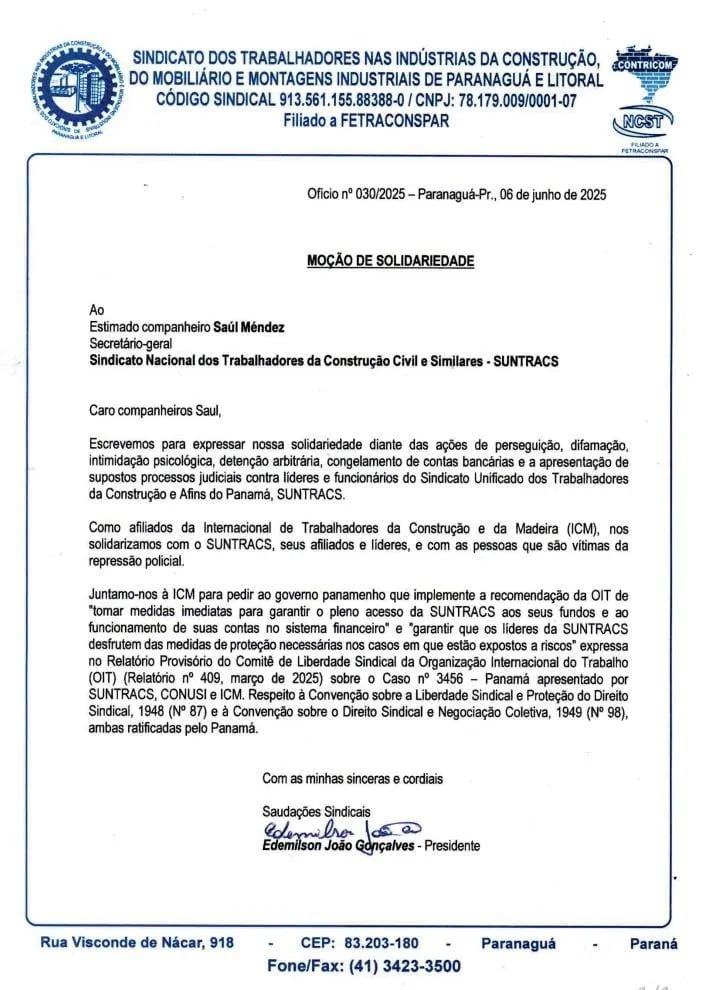 Moção de Solidariedade à SAÚL MÉNDEZ, Secretário-Geral do Sindicato Nacional dos Trabalhadores da Construção Civil e Similares – SUNTRACS
